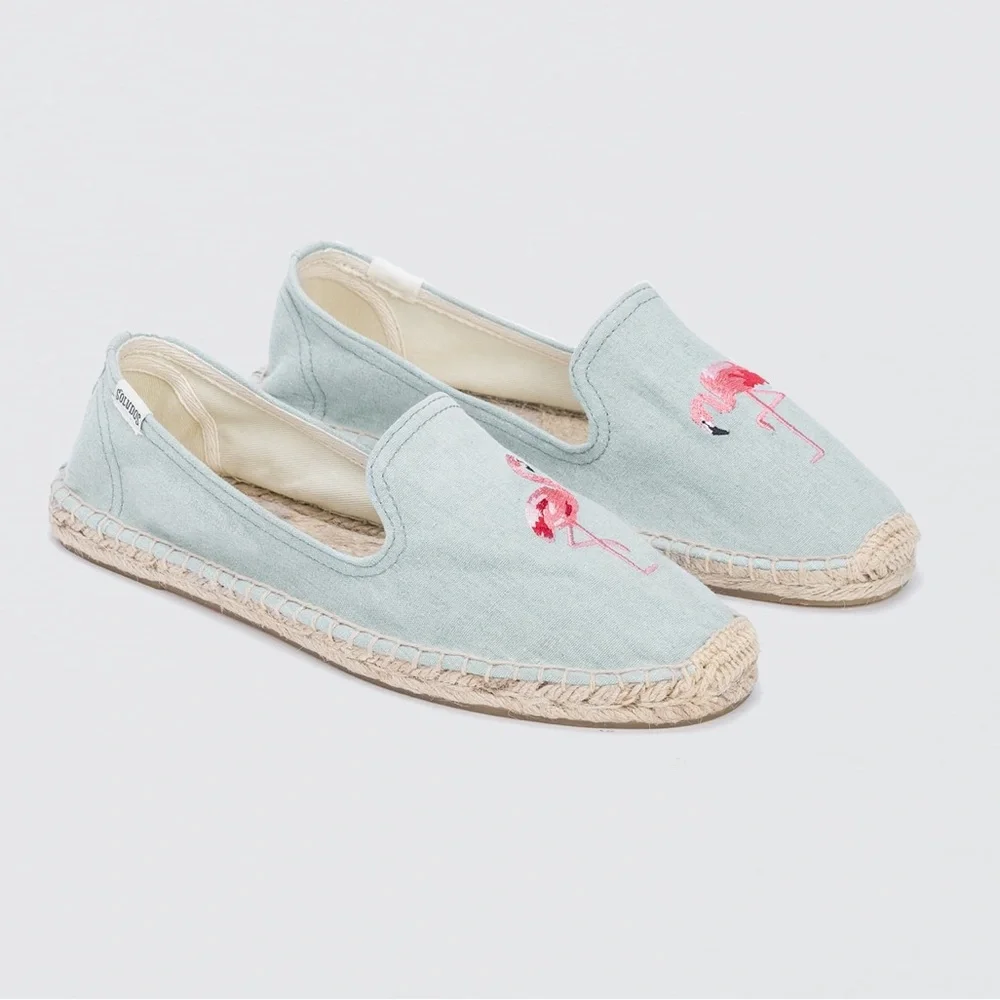 Anthropologie Soludos Espadrilles Canvas Loafers Blue Flamingo Slipper Size 7
